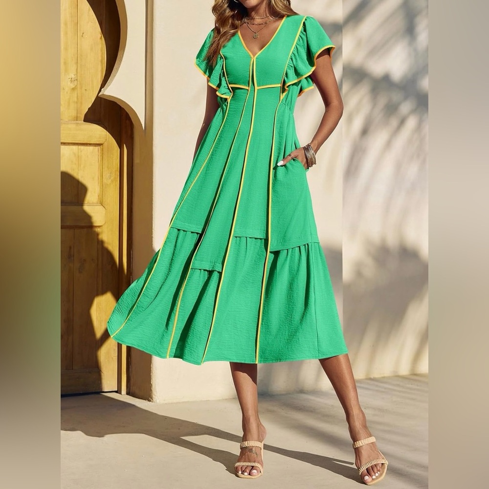 WENRINE || Vibrant Green Midi Dress with Yellow Trim. Sz. L